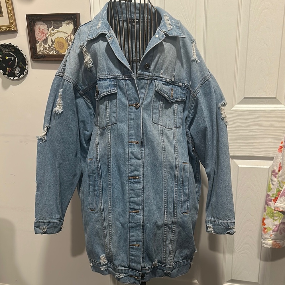Fashion Nova Distressed Denim Jacket - Light Blue